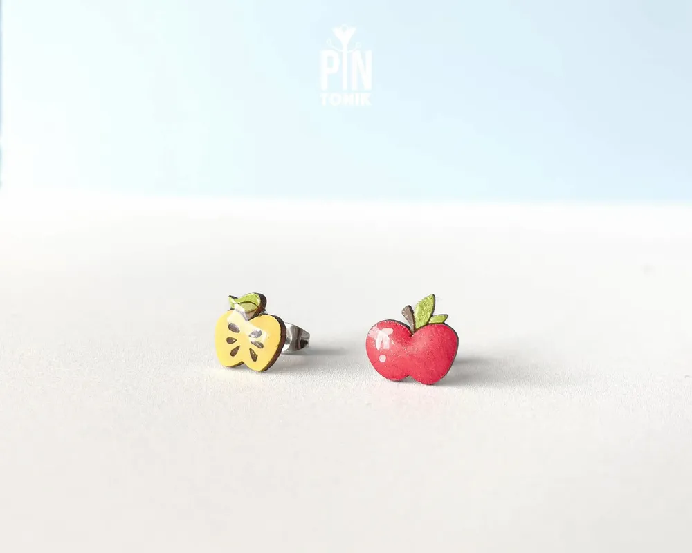 Jewelry - Mismatched Apple Stud Earrings - Wooden Teacher Gift - PINTONIK