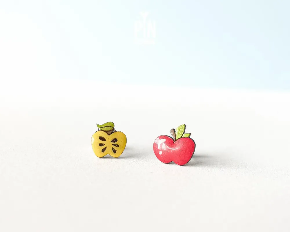 Jewelry - Mismatched Apple Stud Earrings - Wooden Teacher Gift - PINTONIK