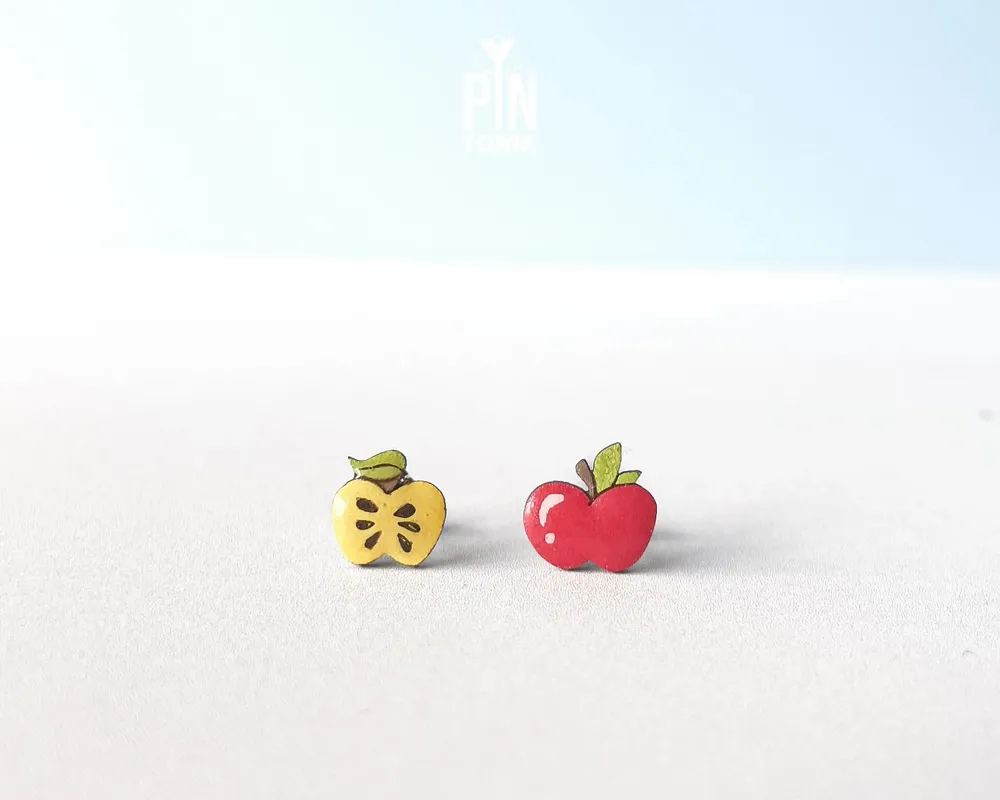 Jewelry - Mismatched Apple Stud Earrings - Wooden Teacher Gift - PINTONIK