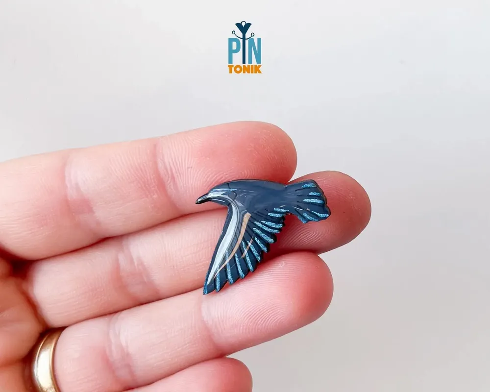 Jewelry - Flying Crow Pin - Wooden Black Raven Brooch - PINTONIK