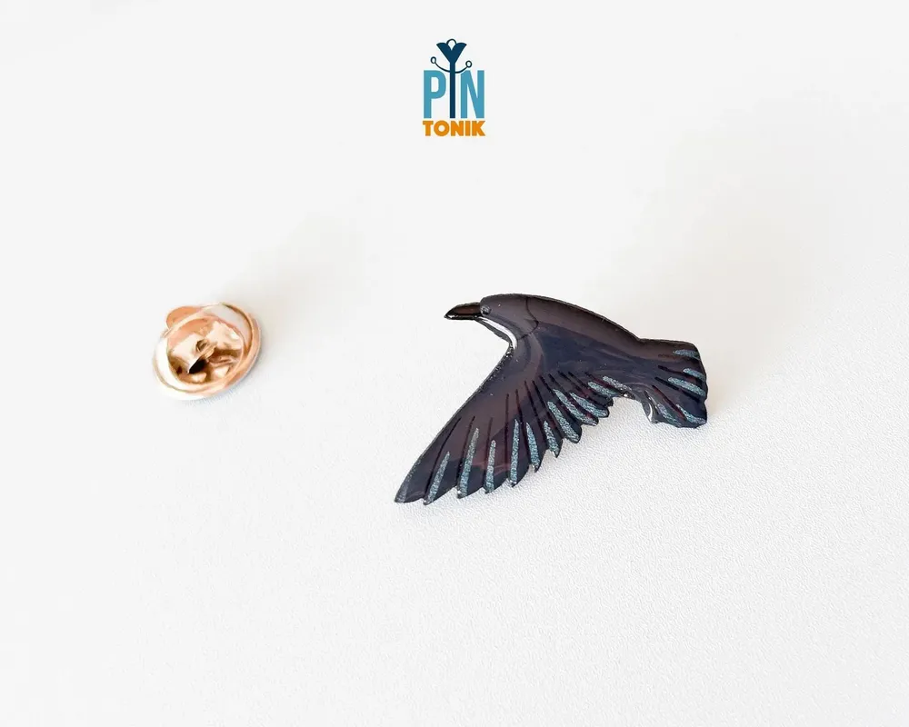 Jewelry - Flying Crow Pin - Wooden Black Raven Brooch - PINTONIK