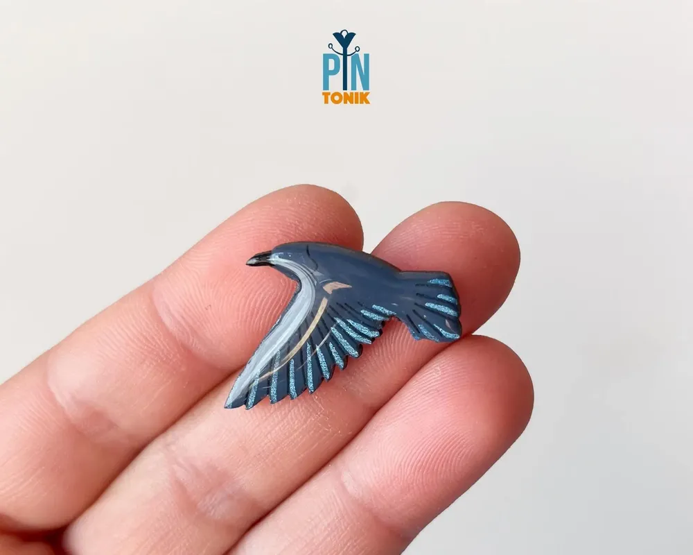 Jewelry - Flying Crow Pin - Wooden Black Raven Brooch - PINTONIK