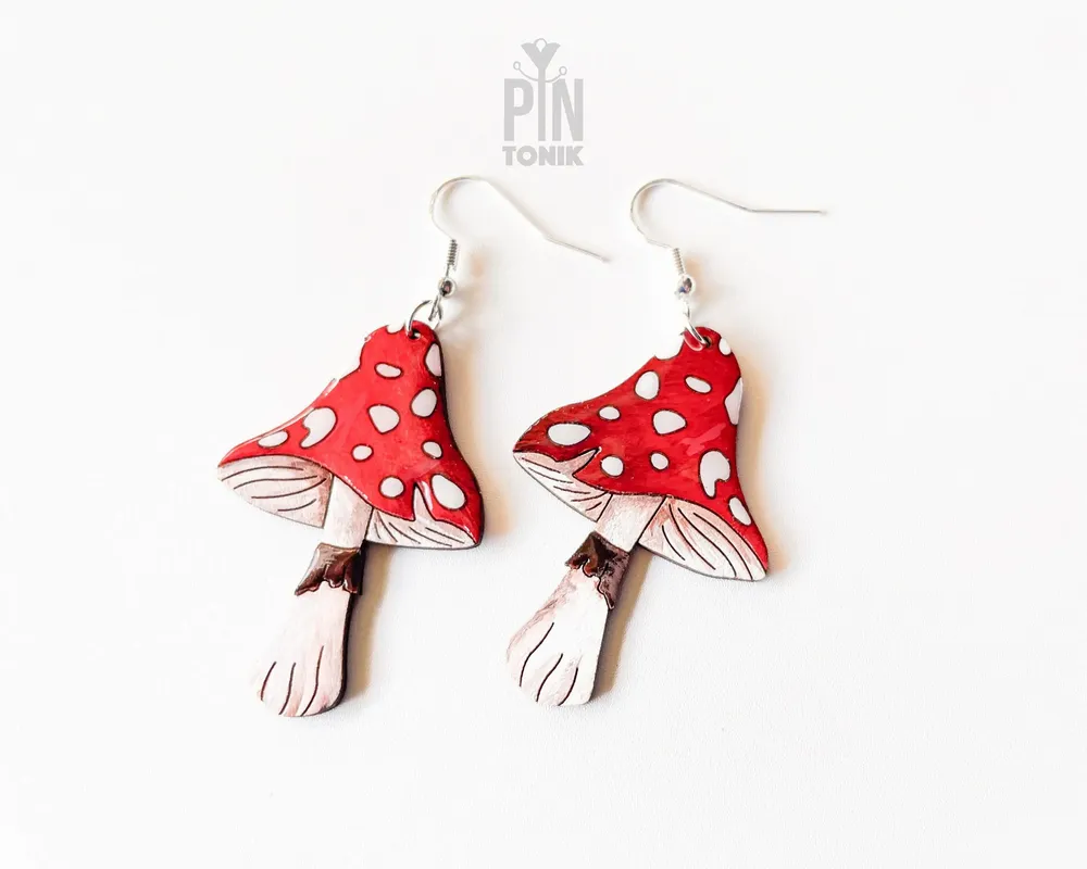 Bijoux - Boucles d'oreilles Champignons Magiques - Bijoux en Bois Style Automne Cottage - Cadeau de Noël Original - PINTONIK