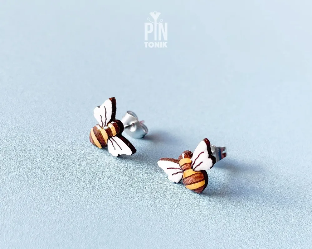 Jewelry - Wooden Bumble Bee Stud Earrings - Whimsical Bug Jewelry - PINTONIK