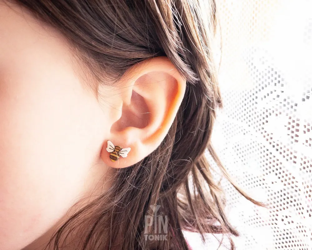 Jewelry - Wooden Bumble Bee Stud Earrings - Whimsical Bug Jewelry - PINTONIK