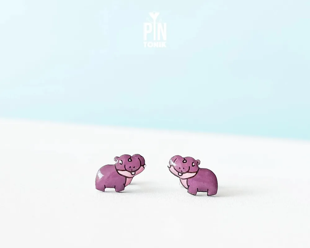 Jewelry - Pygmy Hippo Stud Earrings - Wooden Baby Hippopotamus, Stainless Steel - PINTONIK