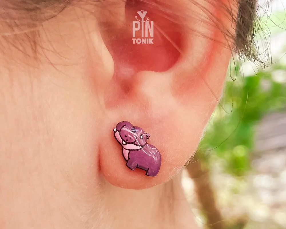 Jewelry - Pygmy Hippo Stud Earrings - Wooden Baby Hippopotamus, Stainless Steel - PINTONIK