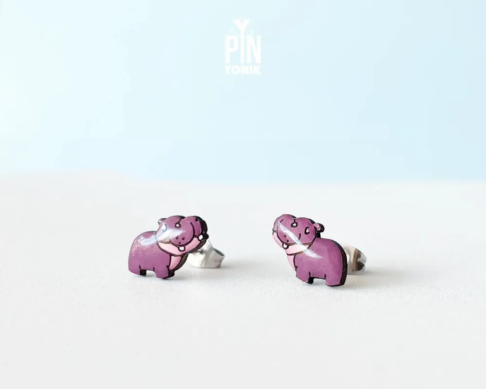 Jewelry - Pygmy Hippo Stud Earrings - Wooden Baby Hippopotamus, Stainless Steel - PINTONIK