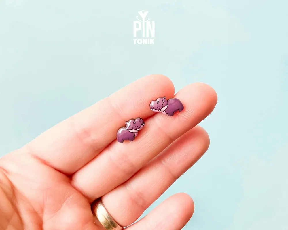 Jewelry - Pygmy Hippo Stud Earrings - Wooden Baby Hippopotamus, Stainless Steel - PINTONIK