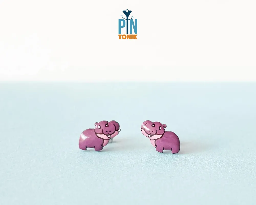 Jewelry - Pygmy Hippo Stud Earrings - Wooden Baby Hippopotamus, Stainless Steel - PINTONIK