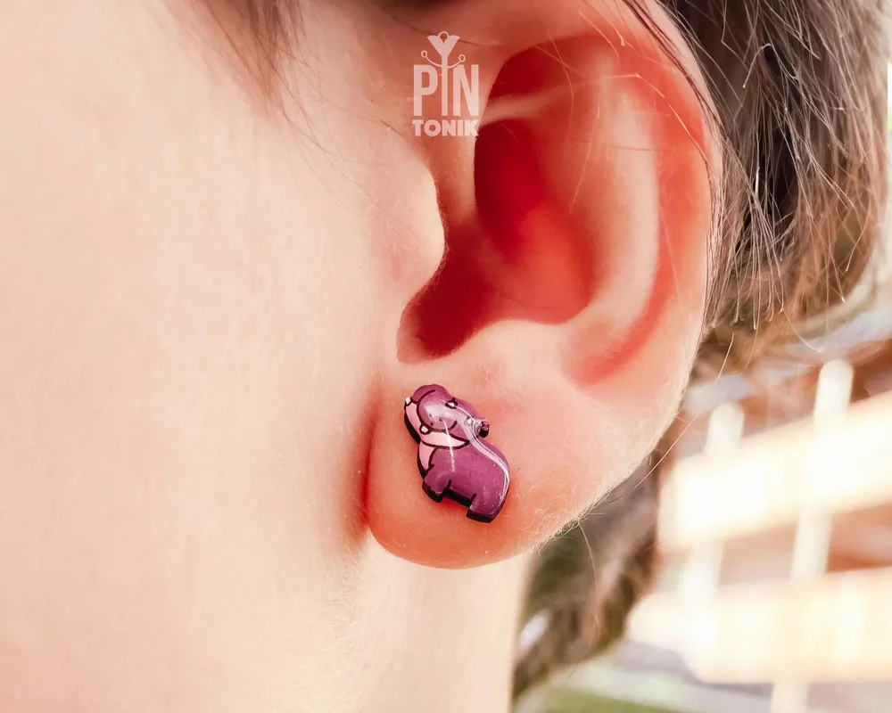 Jewelry - Pygmy Hippo Stud Earrings - Wooden Baby Hippopotamus, Stainless Steel - PINTONIK