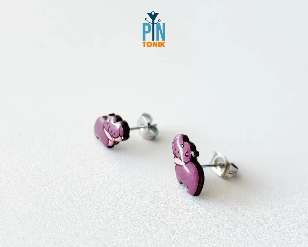 Jewelry - Pygmy Hippo Stud Earrings - Wooden Baby Hippopotamus, Stainless Steel - PINTONIK
