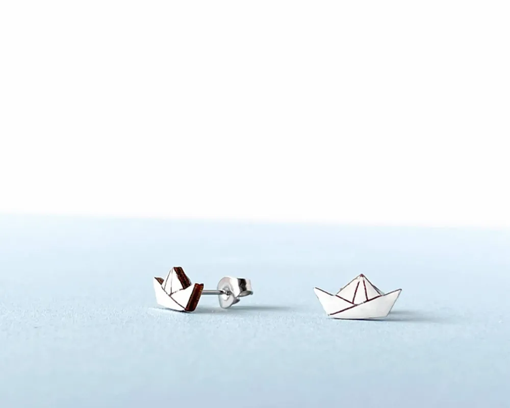 Jewelry - Paper Boat Stud Earrings: Funky Origami Wood Earrings - PINTONIK