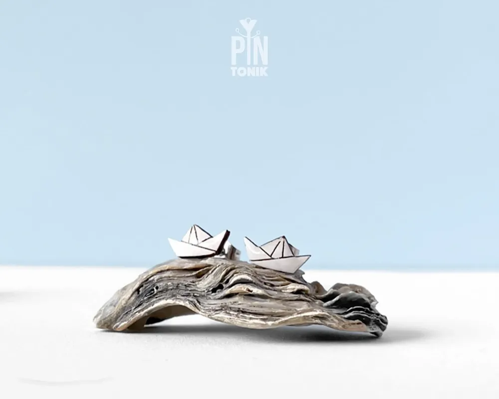 Jewelry - Paper Boat Stud Earrings: Funky Origami Wood Earrings - PINTONIK
