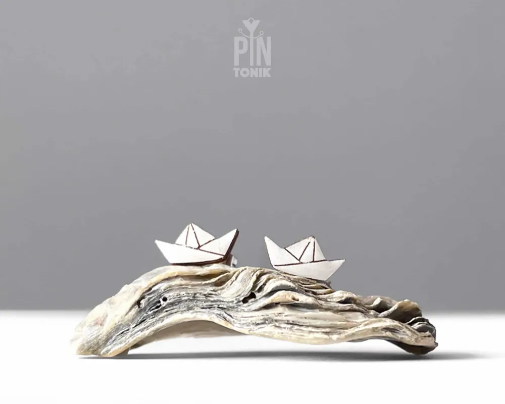 Jewelry - Paper Boat Stud Earrings: Funky Origami Wood Earrings - PINTONIK