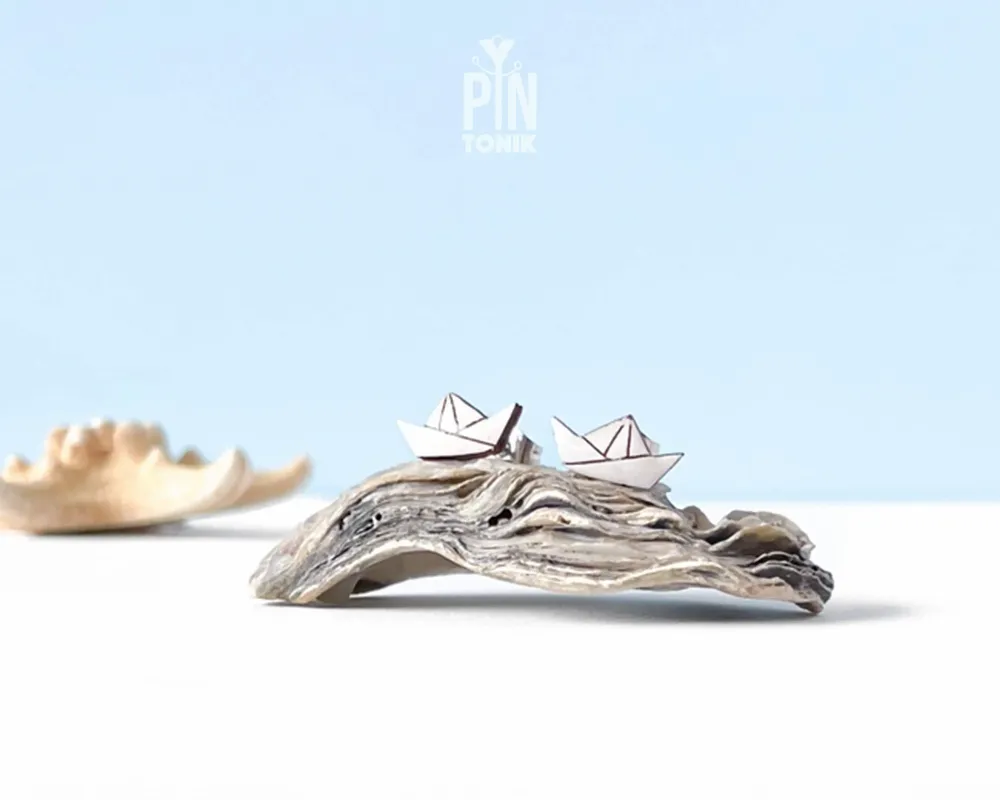 Jewelry - Paper Boat Stud Earrings: Funky Origami Wood Earrings - PINTONIK