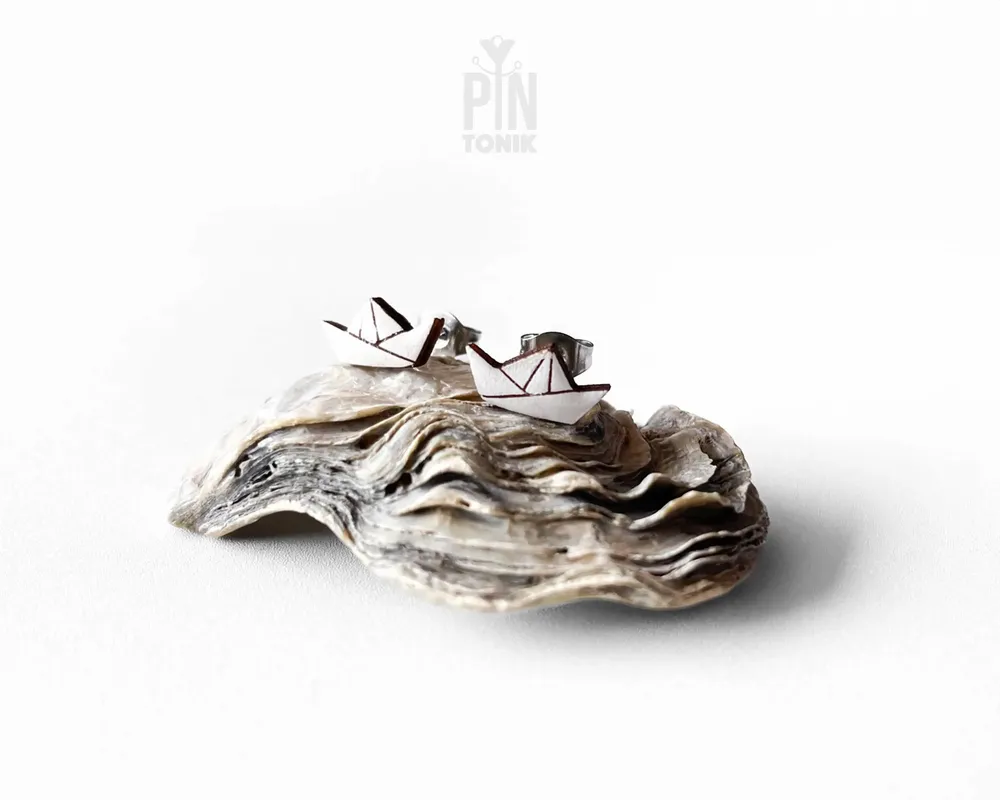 Jewelry - Paper Boat Stud Earrings: Funky Origami Wood Earrings - PINTONIK