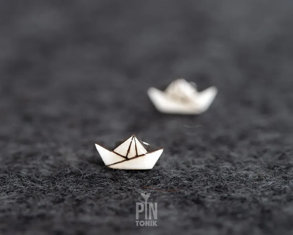 Jewelry - Paper Boat Stud Earrings: Funky Origami Wood Earrings - PINTONIK