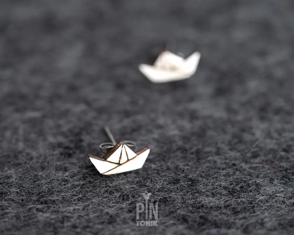Jewelry - Paper Boat Stud Earrings: Funky Origami Wood Earrings - PINTONIK