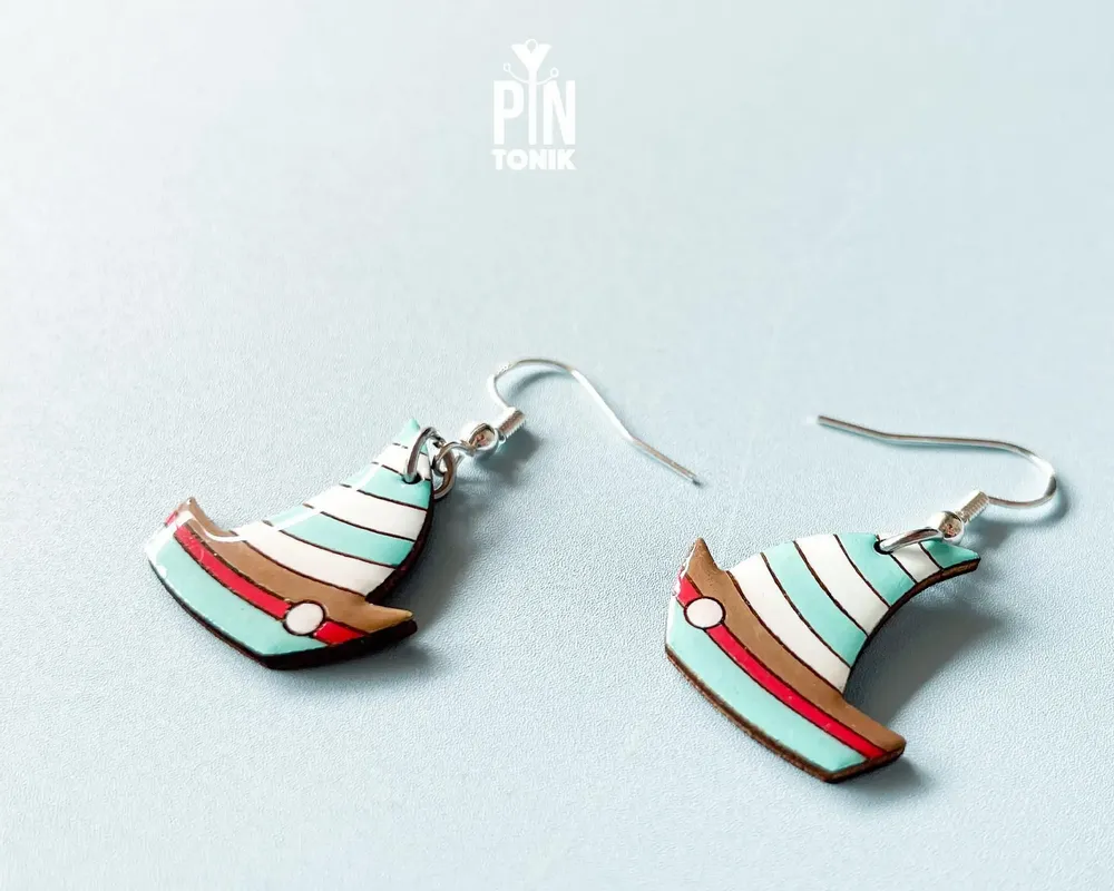 Jewelry - Wooden Boat Earrings - Nautical Summer Jewelry, Sterling Silver Hooks - PINTONIK