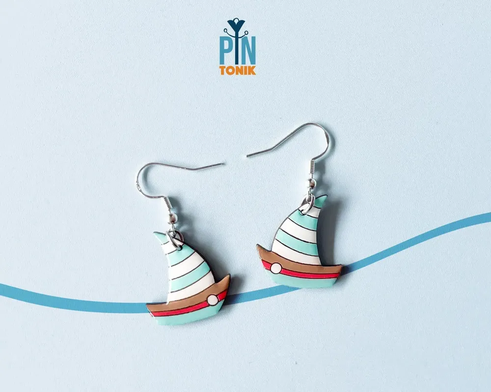 Jewelry - Wooden Boat Earrings - Nautical Summer Jewelry, Sterling Silver Hooks - PINTONIK
