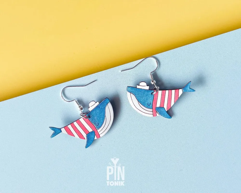 Jewelry - Blue Whale Earrings - Fun Sailor Outfit - Marine Jewellery - Wooden Beach Jewelry - PINTONIK