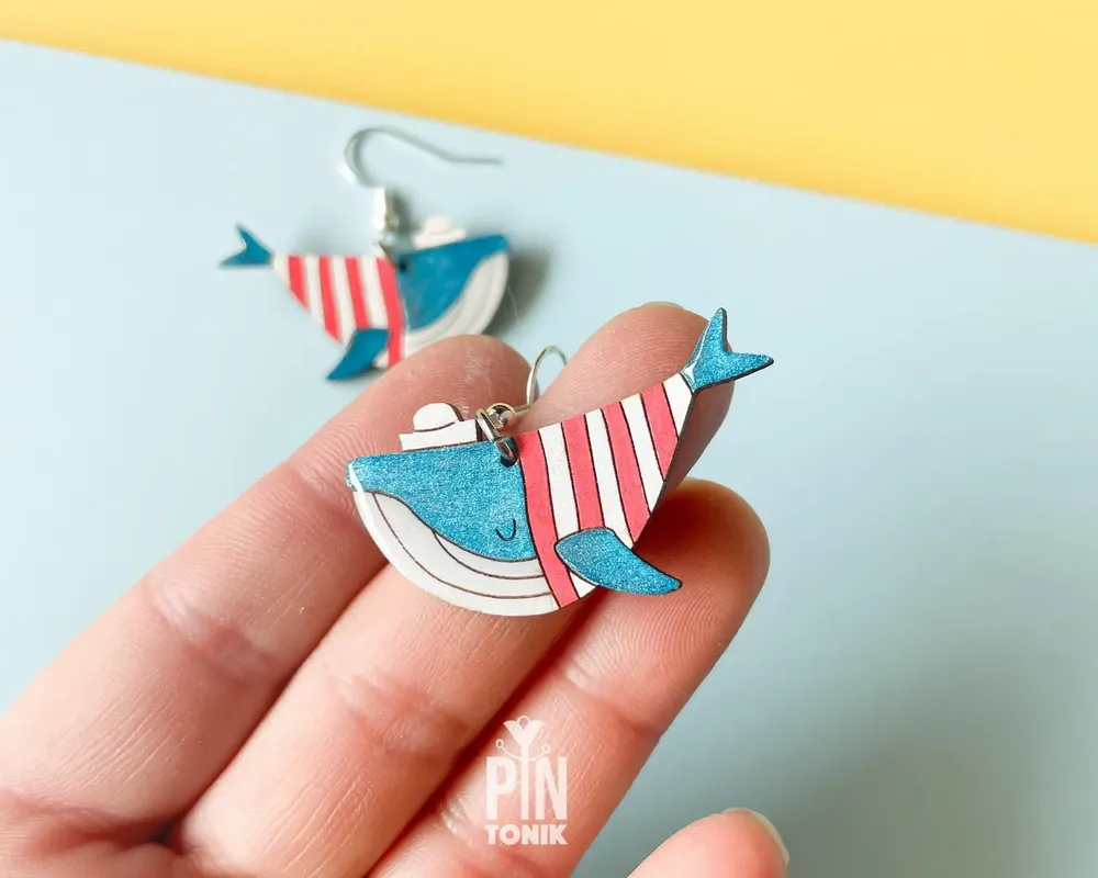 Jewelry - Blue Whale Earrings - Fun Sailor Outfit - Marine Jewellery - Wooden Beach Jewelry - PINTONIK