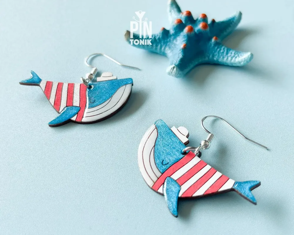 Jewelry - Blue Whale Earrings - Fun Sailor Outfit - Marine Jewellery - Wooden Beach Jewelry - PINTONIK