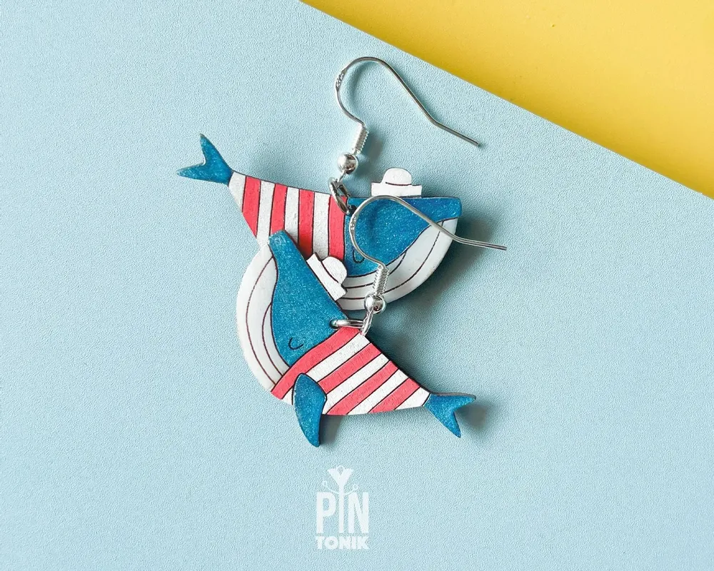 Jewelry - Blue Whale Earrings - Fun Sailor Outfit - Marine Jewellery - Wooden Beach Jewelry - PINTONIK