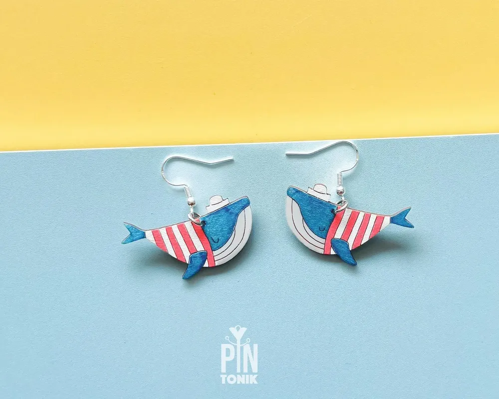 Jewelry - Blue Whale Earrings - Fun Sailor Outfit - Marine Jewellery - Wooden Beach Jewelry - PINTONIK