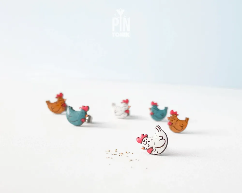 Bijoux - Boucles d'oreilles à clous en forme de poulet rigolo - Bijoux en bois pour maman poule - PINTONIK