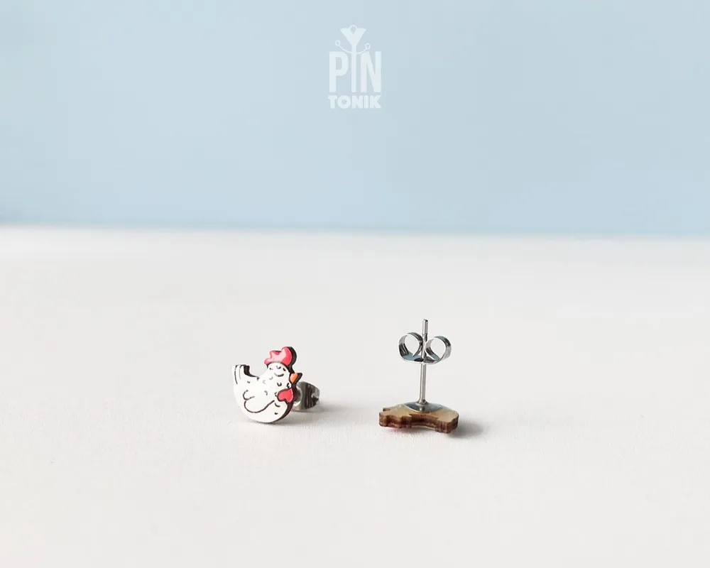 Bijoux - Boucles d'oreilles à clous en forme de poulet rigolo - Bijoux en bois pour maman poule - PINTONIK