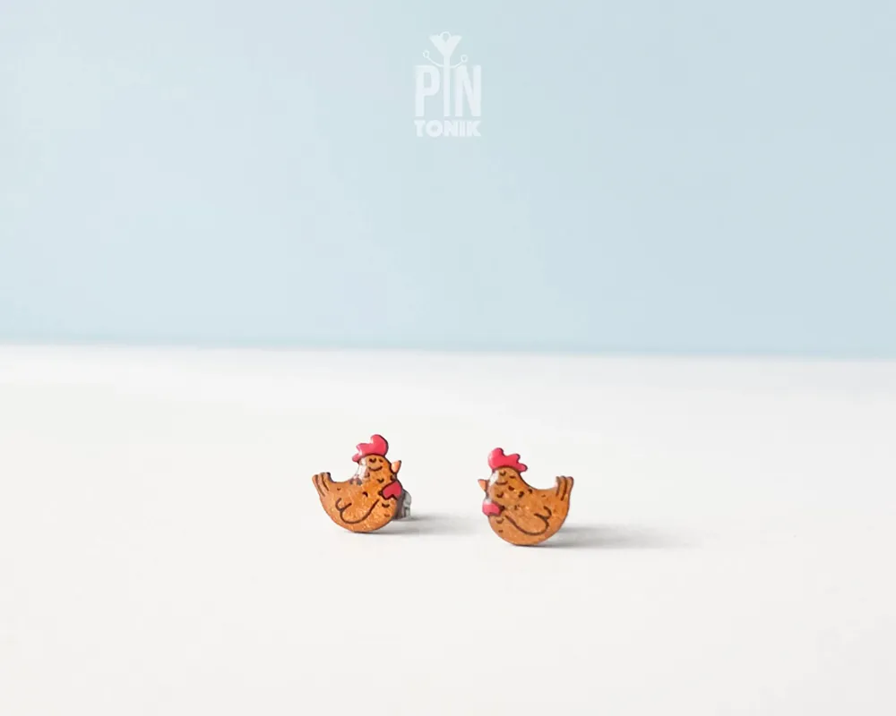 Bijoux - Boucles d'oreilles à clous en forme de poulet rigolo - Bijoux en bois pour maman poule - PINTONIK