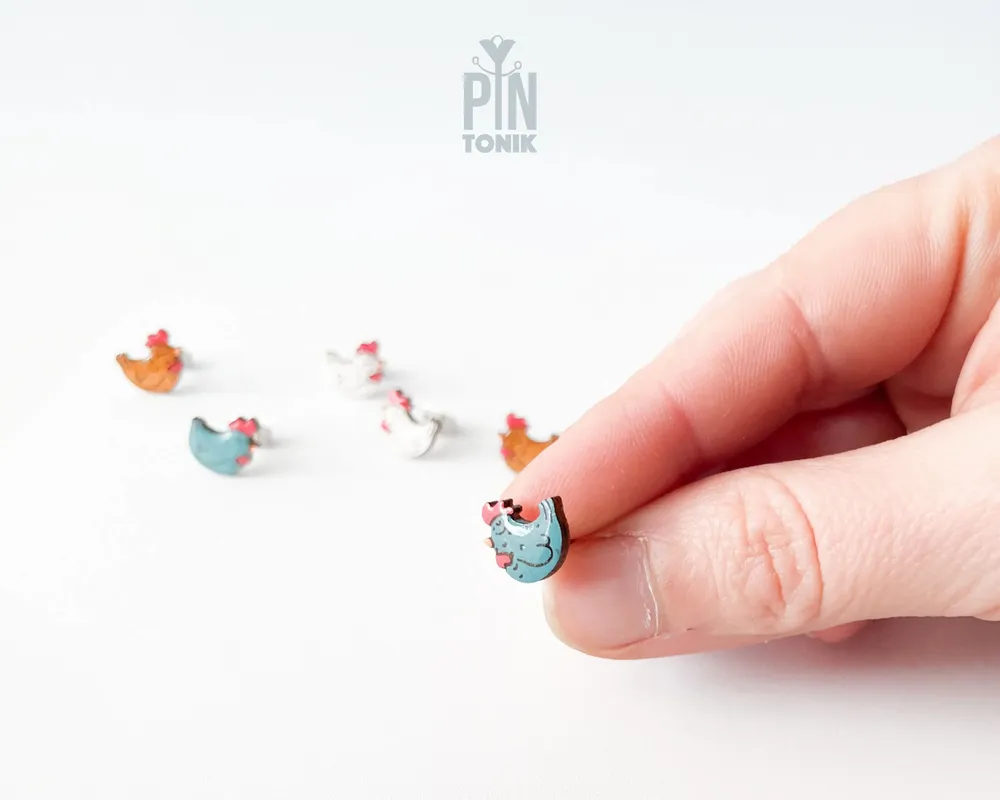 Bijoux - Boucles d'oreilles à clous en forme de poulet rigolo - Bijoux en bois pour maman poule - PINTONIK