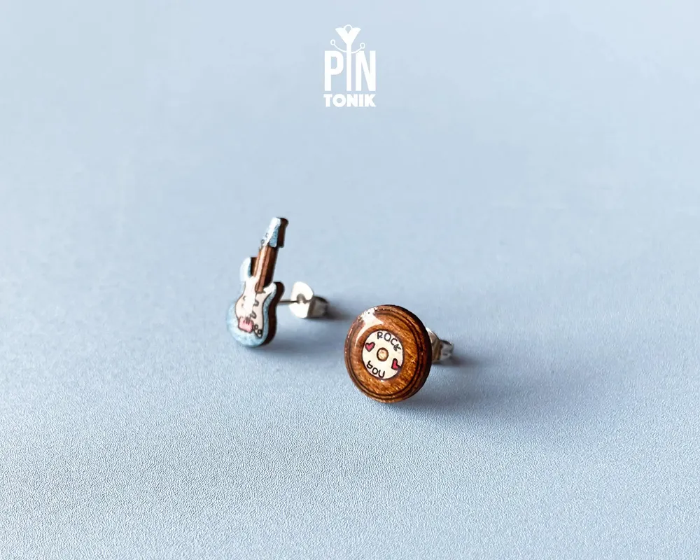 Bijoux - Boucles d'oreilles dépareillées guitare électrique et vinyle - Cadeaux rock'n'roll pour professeur de musique - PINTONIK