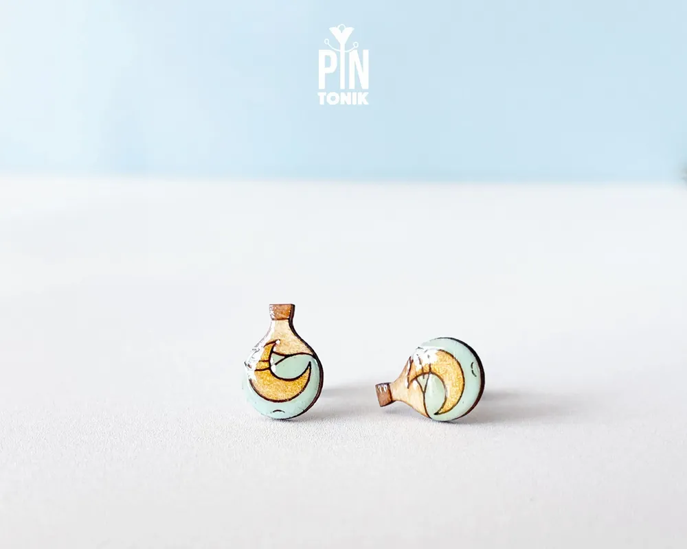 Jewelry - Crescent Moon Stud Earrings - Celestial Boho Jewelry - Witchy Potion Bottle Halloween Post Earrings - PINTONIK