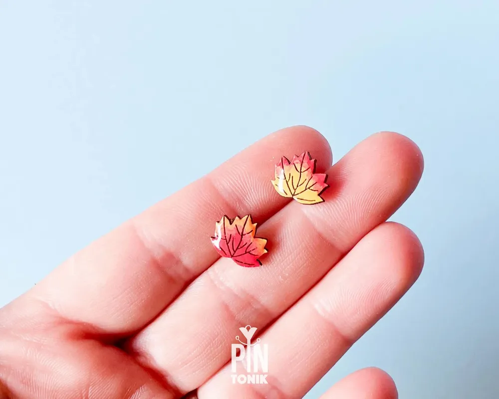 Jewelry - Maple Leaf Earrings - Mismatched Fall Leaves Stud Earrings - Autumn Wood Jewelry - PINTONIK
