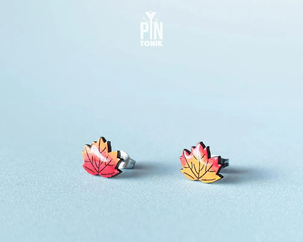 Jewelry - Maple Leaf Earrings - Mismatched Fall Leaves Stud Earrings - Autumn Wood Jewelry - PINTONIK
