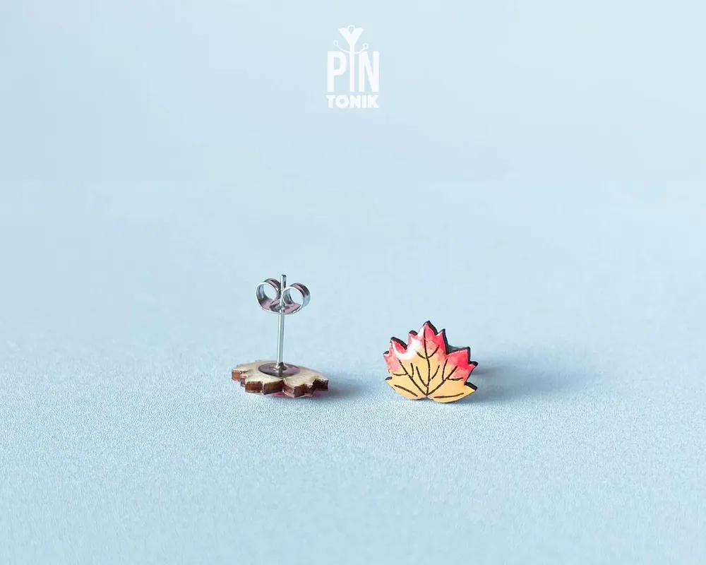 Jewelry - Maple Leaf Earrings - Mismatched Fall Leaves Stud Earrings - Autumn Wood Jewelry - PINTONIK
