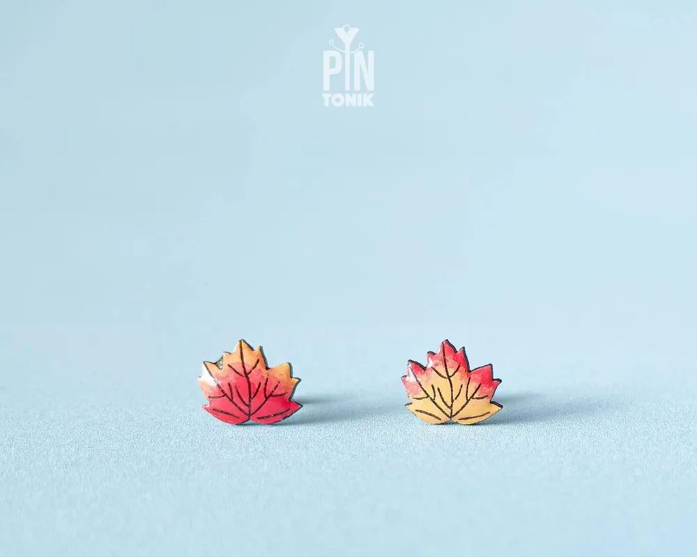 Jewelry - Maple Leaf Earrings - Mismatched Fall Leaves Stud Earrings - Autumn Wood Jewelry - PINTONIK