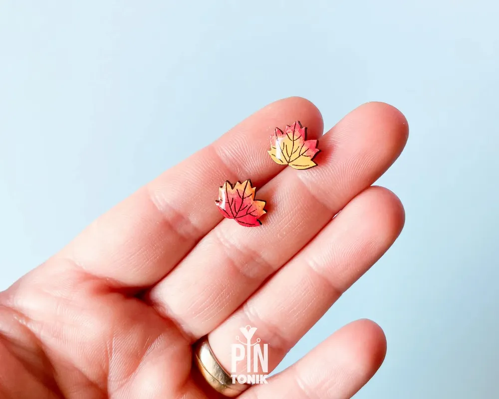 Jewelry - Maple Leaf Earrings - Mismatched Fall Leaves Stud Earrings - Autumn Wood Jewelry - PINTONIK