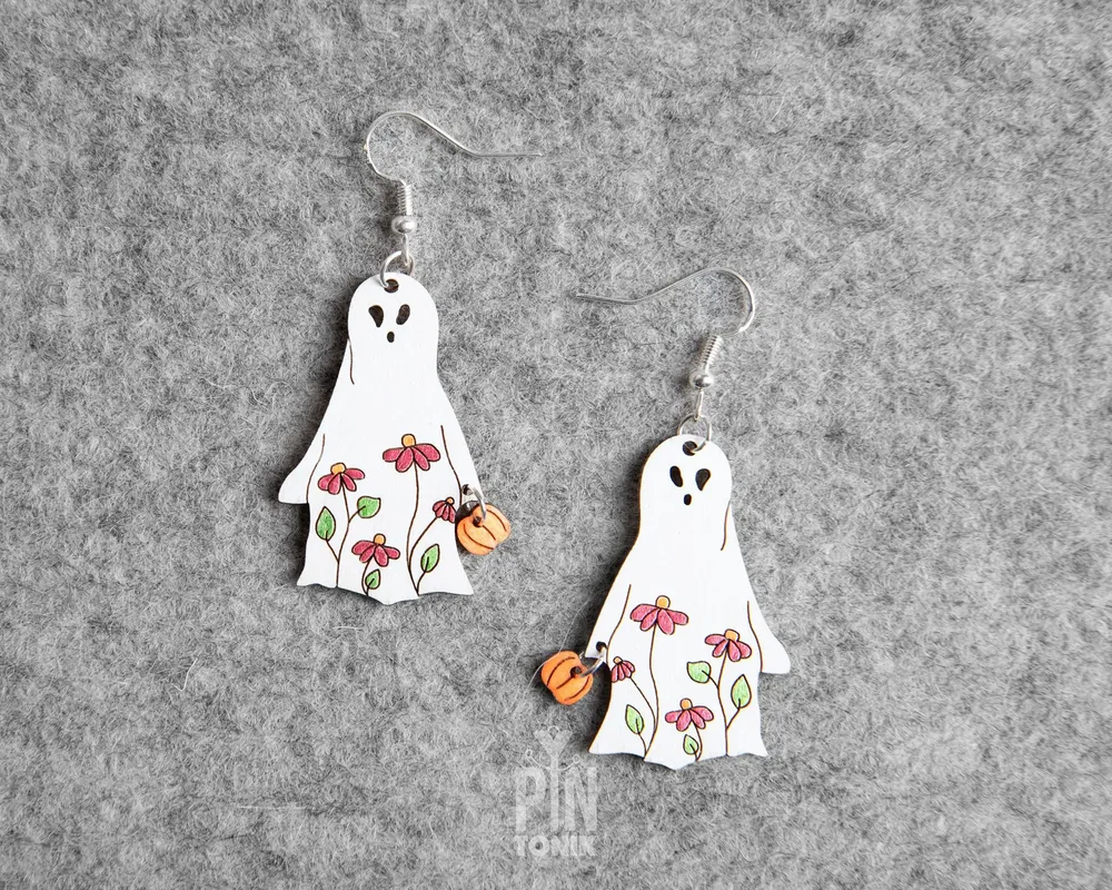 Jewelry - Floral Ghost Earrings - Sterling Silver Halloween Pumpkin Jewelry - PINTONIK