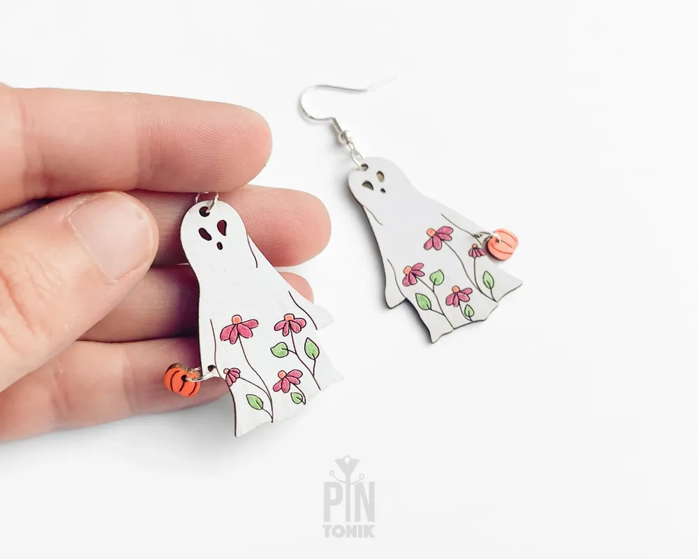 Jewelry - Floral Ghost Earrings - Sterling Silver Halloween Pumpkin Jewelry - PINTONIK