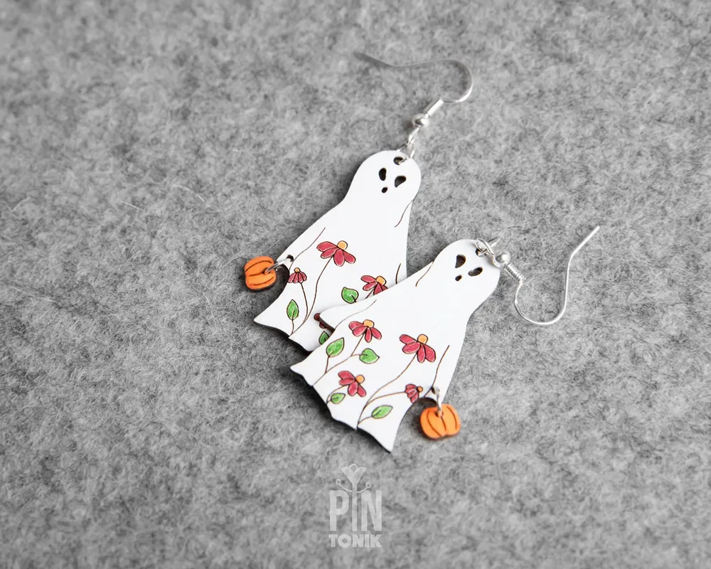 Jewelry - Floral Ghost Earrings - Sterling Silver Halloween Pumpkin Jewelry - PINTONIK