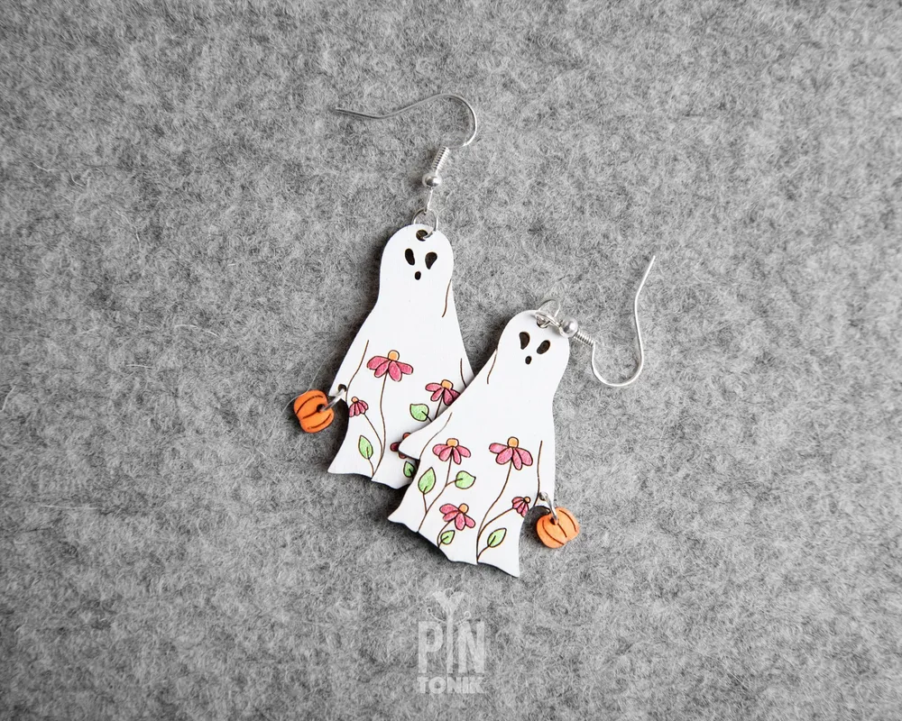 Jewelry - Floral Ghost Earrings - Sterling Silver Halloween Pumpkin Jewelry - PINTONIK