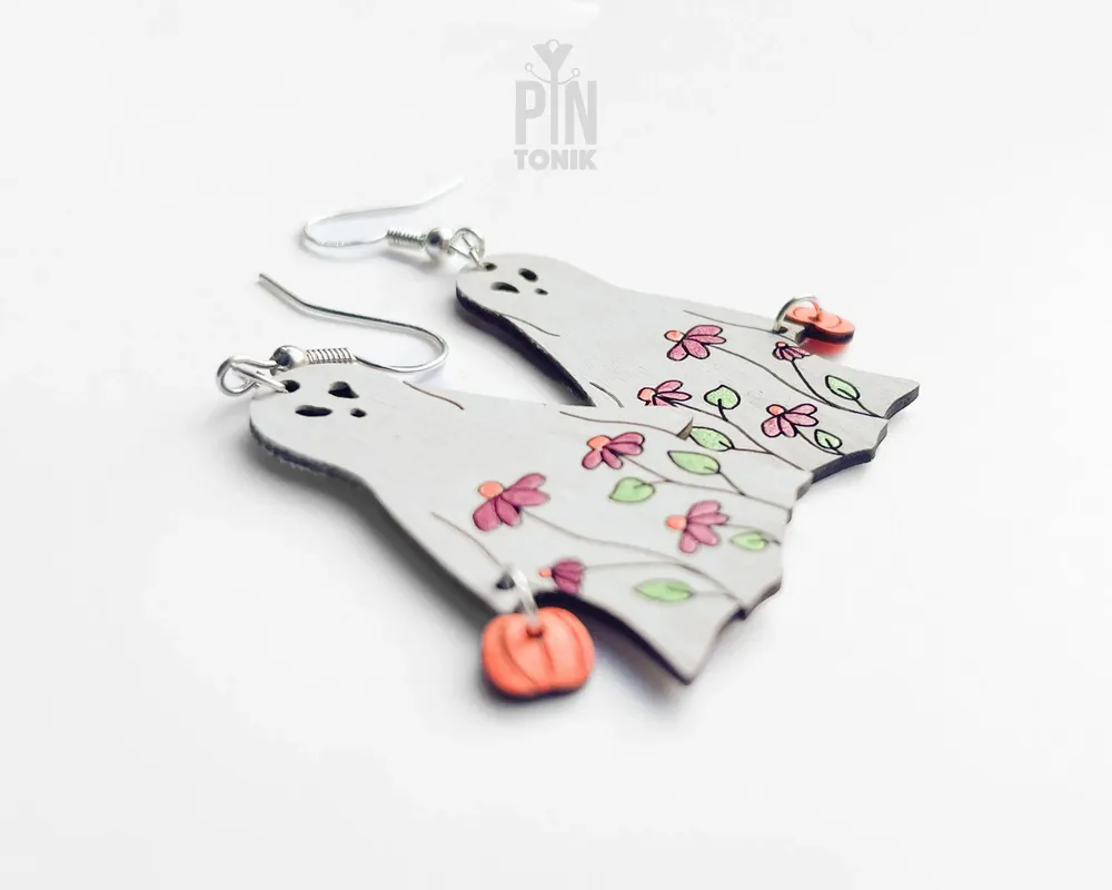 Jewelry - Floral Ghost Earrings - Sterling Silver Halloween Pumpkin Jewelry - PINTONIK