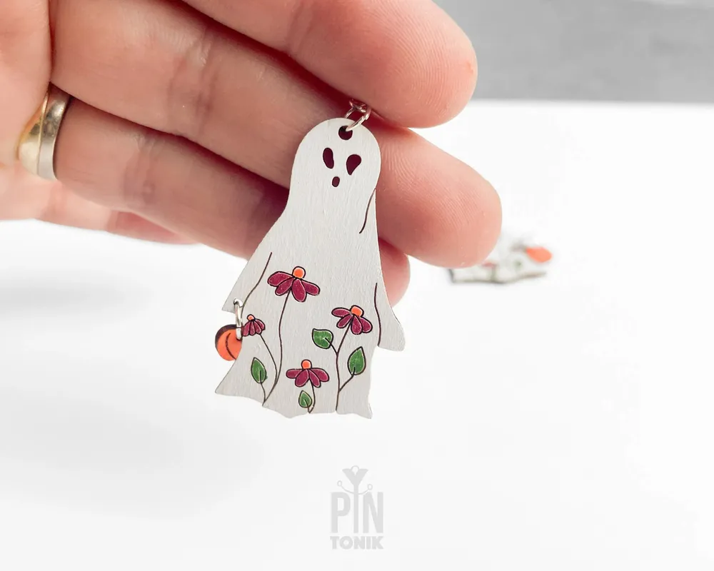Jewelry - Floral Ghost Earrings - Sterling Silver Halloween Pumpkin Jewelry - PINTONIK