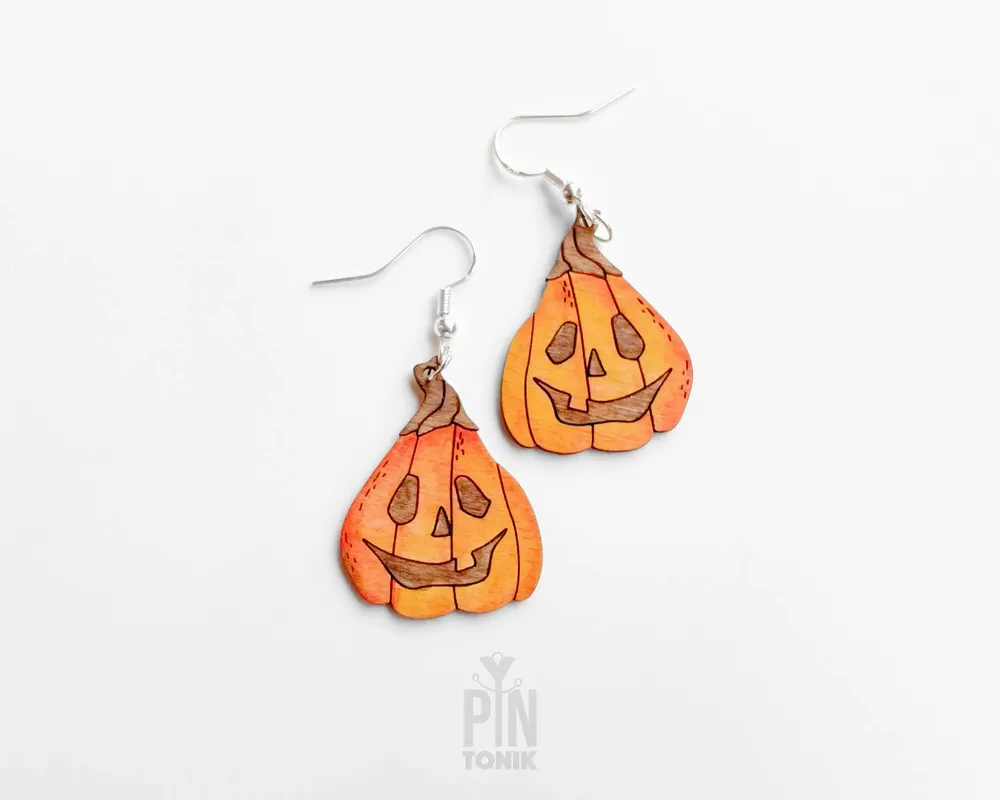 Jewelry - Jack O Lantern Earrings - Spooky Wood Dangle Earrings, Sterling Silver - PINTONIK