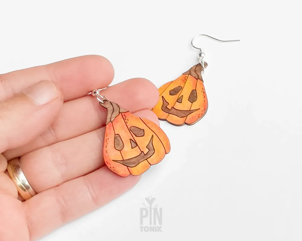 Jewelry - Jack O Lantern Earrings - Spooky Wood Dangle Earrings, Sterling Silver - PINTONIK