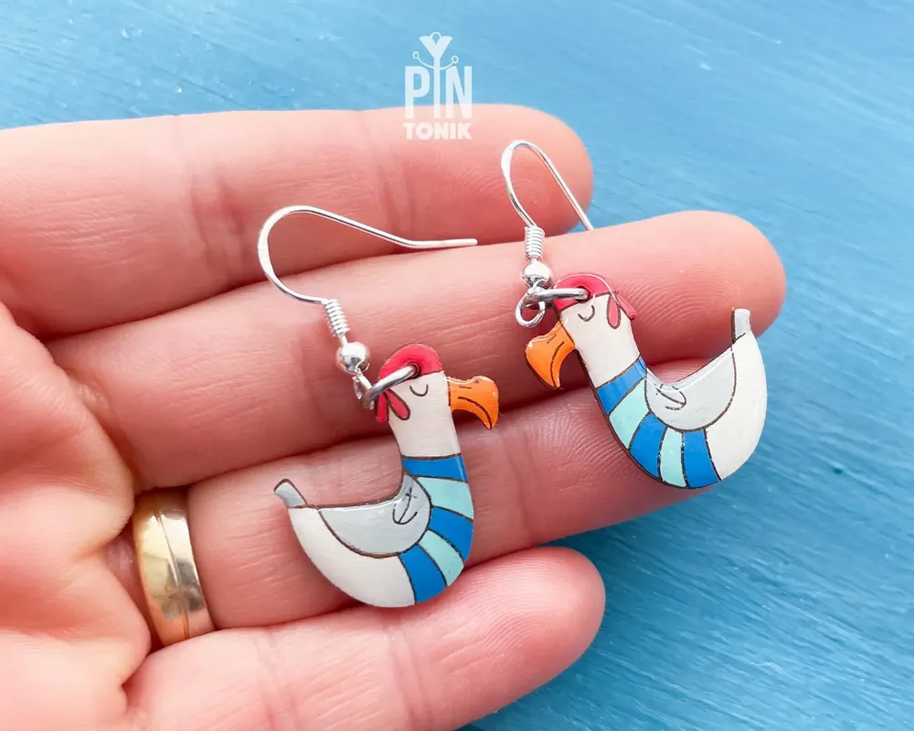 Bijoux - Boucles d'oreilles mouette - Bois peint original et argent sterling - Bijoux nautiques - PINTONIK